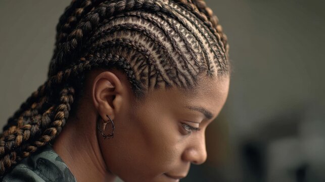 African female with braided cornrows, side profile view, adult in thoughtful moment.