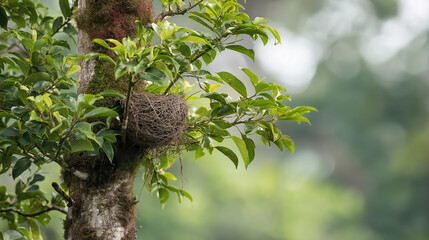 Obraz premium Bird nest on tree branch surrounded by green leaves in nature 