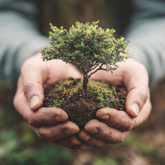 Hands holding small tree in soil symbolizing environmental care  