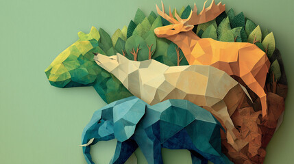 Geometric animal silhouettes of bear, deer, elephant in colors  