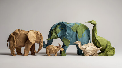 Colorful origami animals including elephants and turtles on gray background  