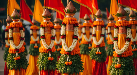 Fototapeta premium Row of traditional Gudi Padwa decorations with flags, garlands,