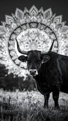 A majestic black bull stands in a field, overlaid with an intricate, bright floral mandala