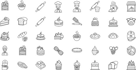 Black and white line of various baked goods and chef desserts bread cakes pastries