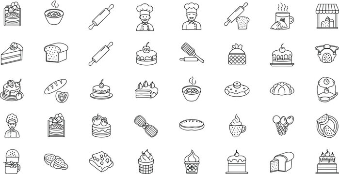 Black and white line of various baked goods and chef desserts bread cakes pastries