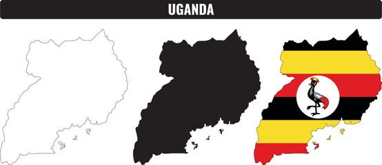 Fototapeta premium Shapes of Uganda in different styles showing outline, filled, and flag design