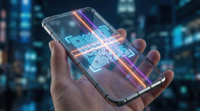 Secure system security safe payment cyberspace technology verification online digital glowing qr code hologram on smartphone in hand over city background safe digital payment verification system - Powered by Adobe