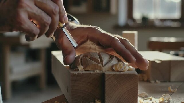 Male carpenter carving intricate wood detail with chisel, creating wooden shavings in a workshop