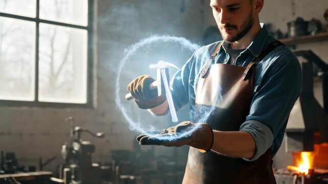 Man in workshop using hammer to create glowing energy orb in hands, with tools and warm ambient lighting in background