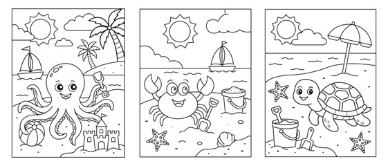 Cute Sea Animals Beach Coloring Page Set for Kids © Pentagrafis