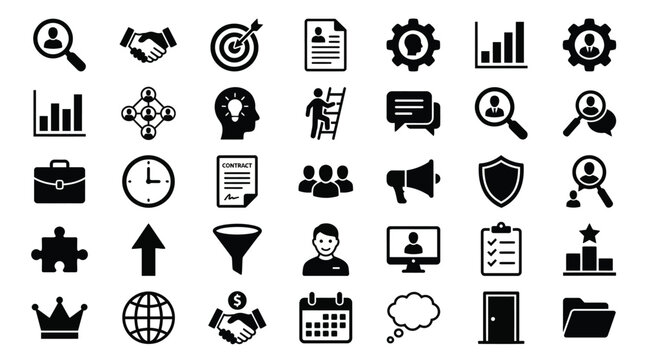 Collection of business and productivity icons including targets gears graphs people and office supplies on white background