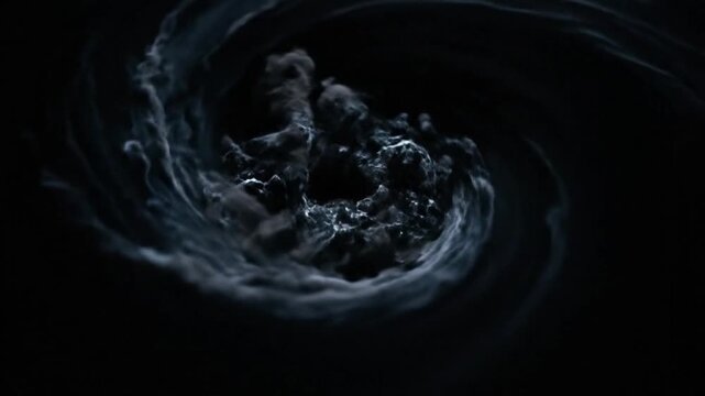 Dark water swirling in a circular motion with ripples and splashes against a black background.