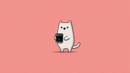 Cute cartoon cat character holding a coffee cup on pink background