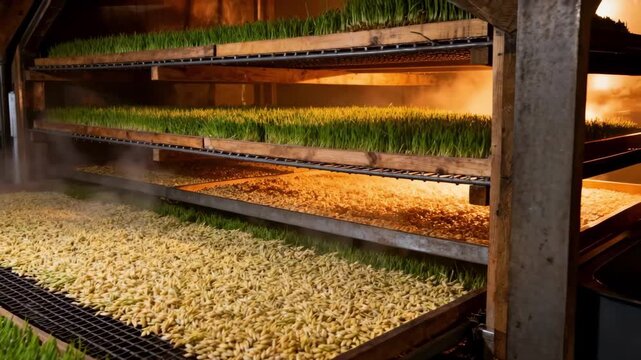 Medium shot of a heated malt kiln showing green malt drying process with warm amber lighting highlighting the transformation to pale malt.