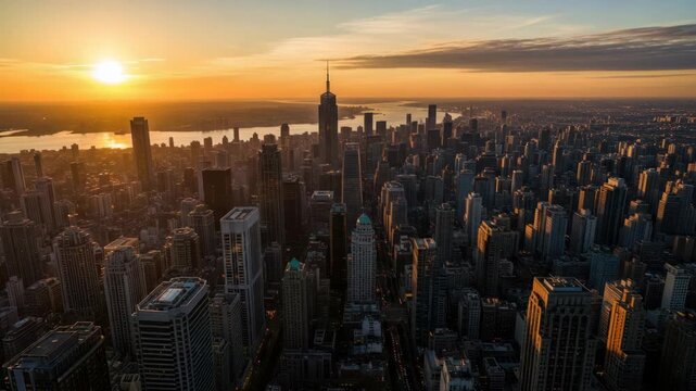 Aerial view of a modern city at sunrise
