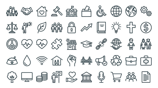 Collection of various line icons representing business technology and social concepts on white background