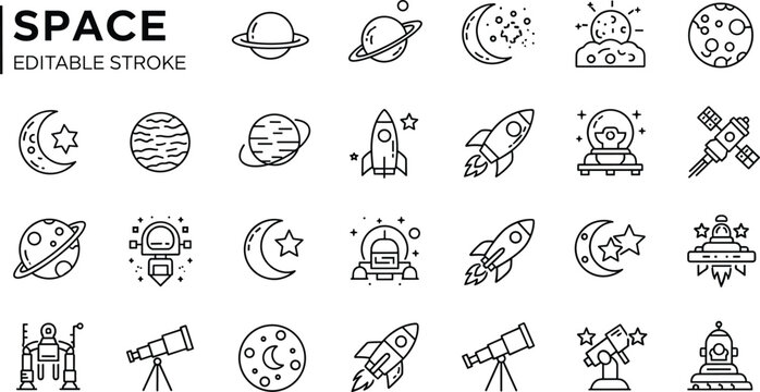 Black line of space and exploration editable stroke line planets moons