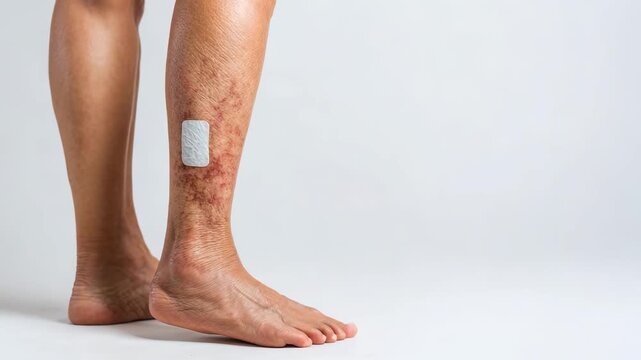 Leg with varicose veins and medical patch for treatment on light background