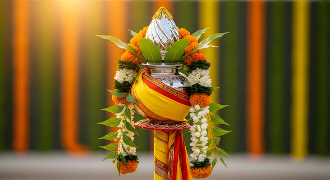 Traditional Gudi Padwa decoration featuring Kalash, silk cloth,