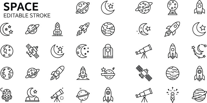 Black line of space including planets moons stars rockets and telescopes editable stroke