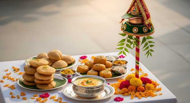 Traditional Gudi Padwa festival food display with sweets and Shr
