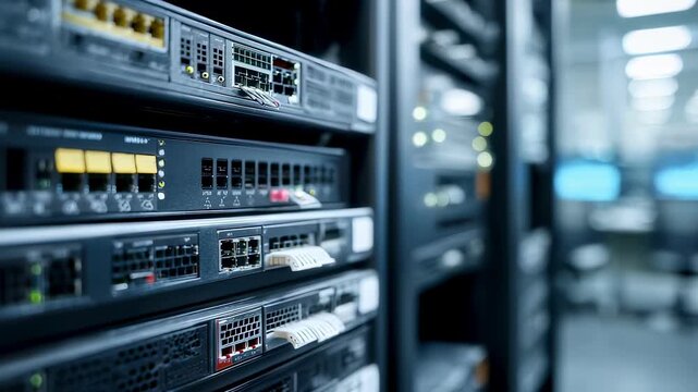 Closeup of enterprise networking equipment with routers and switches stacked neatly sharp focus on devices with blurred office background illustrating largescale distribution