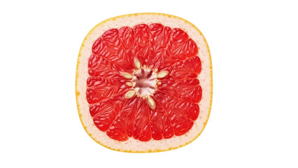 Isolated slice of ripe ruby red grapefruit showing segments, cut fruit for healthy eating