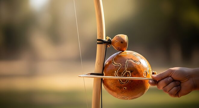 A person's hand plays a berimbau outdoors in sunlight.
