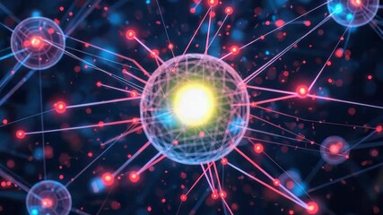Glowing neural network node with connected synapse connection particles and vibrant energy flow - Powered by Adobe