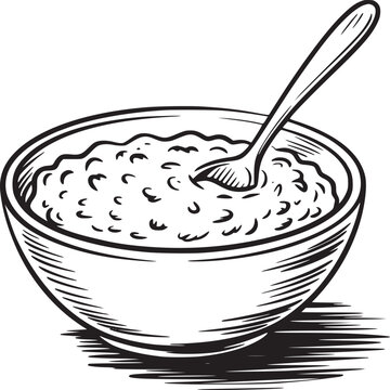 A black and white drawing of a bowl of porridge with a spoon resting inside of the bowl on a white background