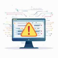 Computer screen with warning sign and digital data lines illustration