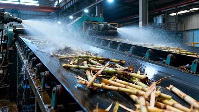 Medium shot of wet conveyor belts with highpressure jets spraying water on freshly harvested cane removing debris before processing in an industrial sugar plant environment.