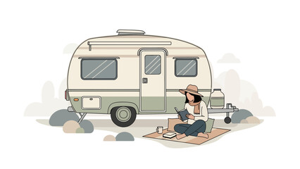 Obraz premium Serene Getaway Woman Enjoying Reading Time By Her Cozy Camper Van Illustration