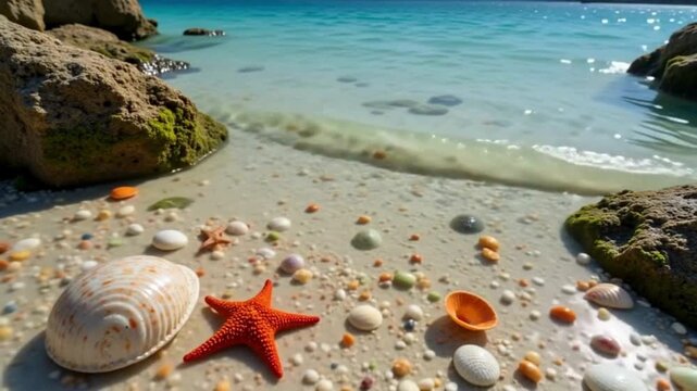 Ocean tide pools with small shells and starfish