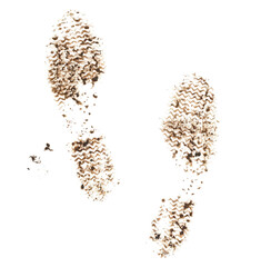 Foot print in wet mud, muddy boots, dirty tracks isolated on white background, clipping path