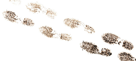 Dirty tracks, foot print in wet mud, muddy boots isolated on white background, clipping path