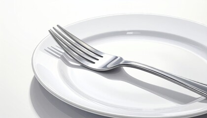 and keyword list based on the image

 Shiny Fork Rests Angled on White Plate, Casting Shadow, Bright Dining Scene