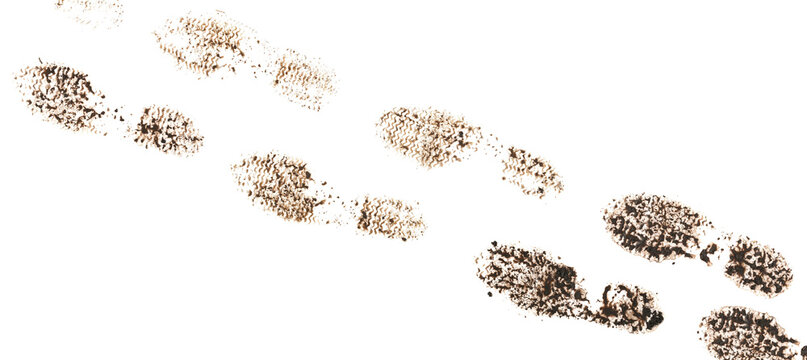 Dirty tracks, foot print in wet mud, muddy boots isolated on white background, clipping path