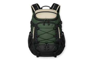 Modern green backpack with black and beige accents, designed for outdoor adventures
