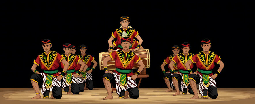 Acehnese Saman dance performance illustration with male dancers