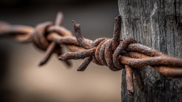 Closeup medium shot of rusted barbed wire twisted tightly along a wooden post sharp focus on sharp barbs background out of focus enhancing rugged protection theme.