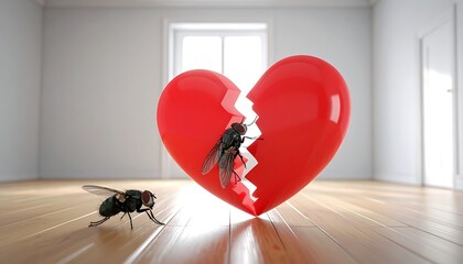 A broken red heart on a wood floor, with two flies. Simple room with a window and white walls