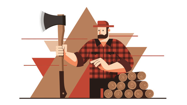 Strong Lumberjack In Plaid Shirt With Axe Woodpile With Geometric Background