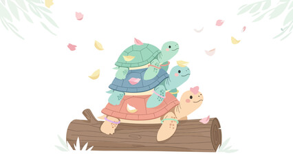 Smiling Turtle Tower On A Log With Falling Leaves Minimalistic Vector Illustration