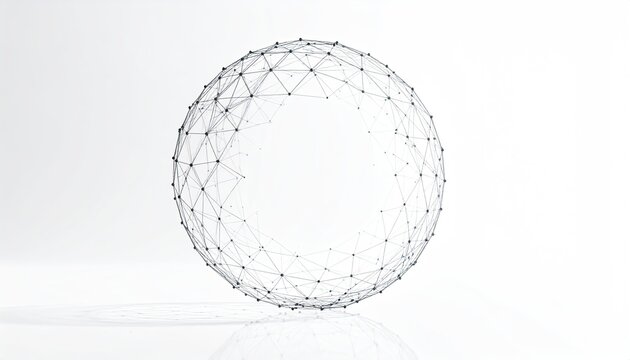 A transparent, wireframe sphere of interconnected dots and lines on white