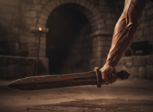 Man holding a wooden sword in an ancient stone corridor. Gladiator training weapon for strength and combat in a historical setting.
