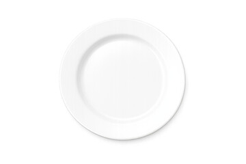 A clean white dinner plate with a subtle rim, isolated on a black background