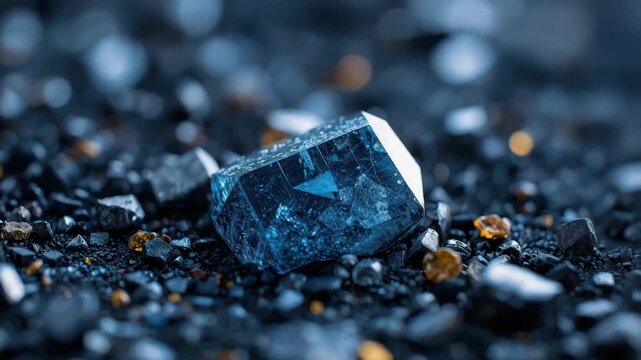 Blue gemstone faceted stone dark gravel with rough texture, moody lighting, warm highlight