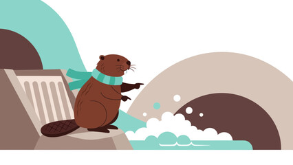 Naklejka premium Stylized Beaver Builder Illustration With Dam And Water Scene Design Element