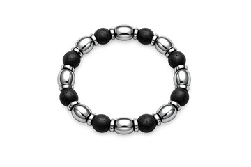 Elegant bracelet with black lava stones and polished silver beads on a black background